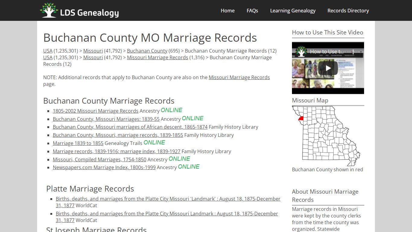 Buchanan County MO Marriage Records - LDS Genealogy